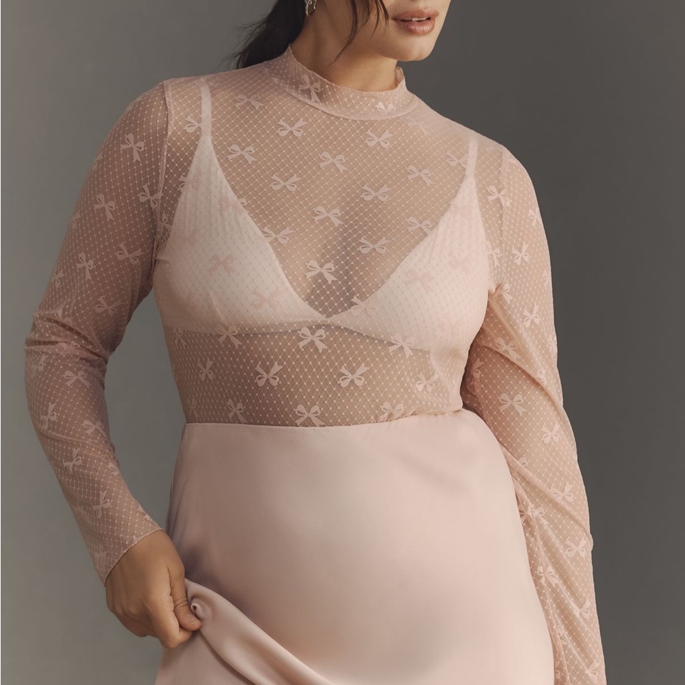 Anthropologie Peach Sheer Floral Mesh Long-Sleeve Top